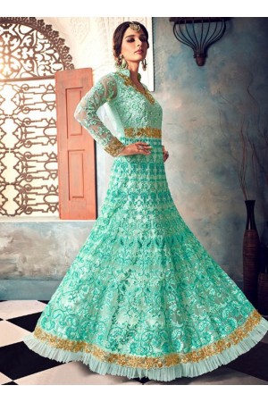 Mint green color net party wear anarkali suit