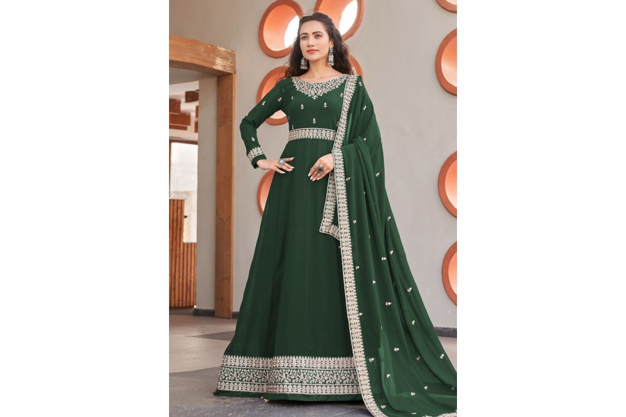 Faux Georgette Long Anarkali Suit In Green Colour 1001A