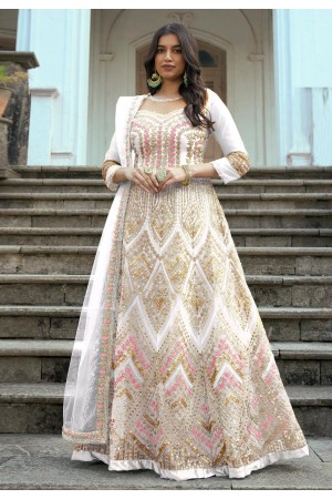 Net abaya style Anarkali suit in White colour 1002C