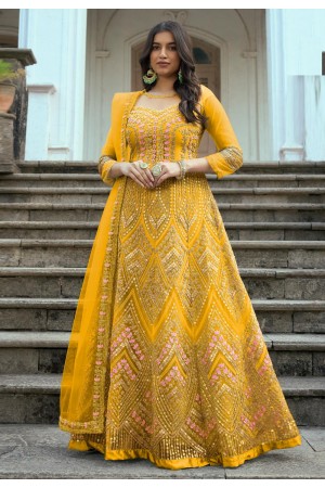 Net abaya style Anarkali suit in Yellow colour 1002E