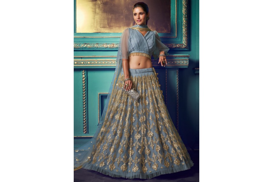 Grey Net Embroidered Frill Circular Lehenga Choli 4105