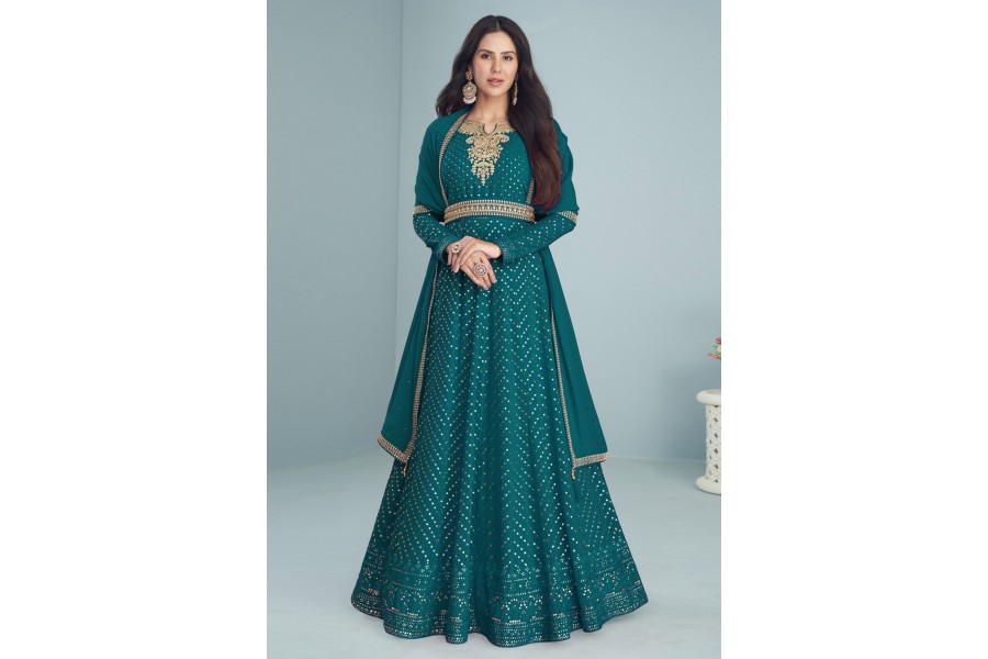 Teal Faux Georgette Long Anarkali Suit 9291B