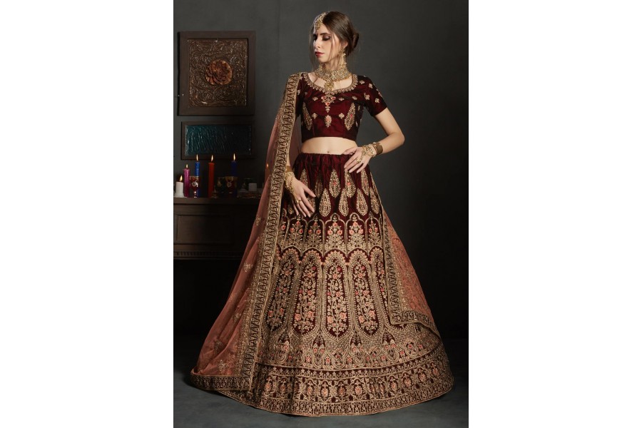 Maroon Velvet Bridal Lehenga Choli 1904