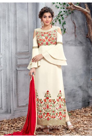 Cream silk embroidered straight cut suit with frill sleeve 5156