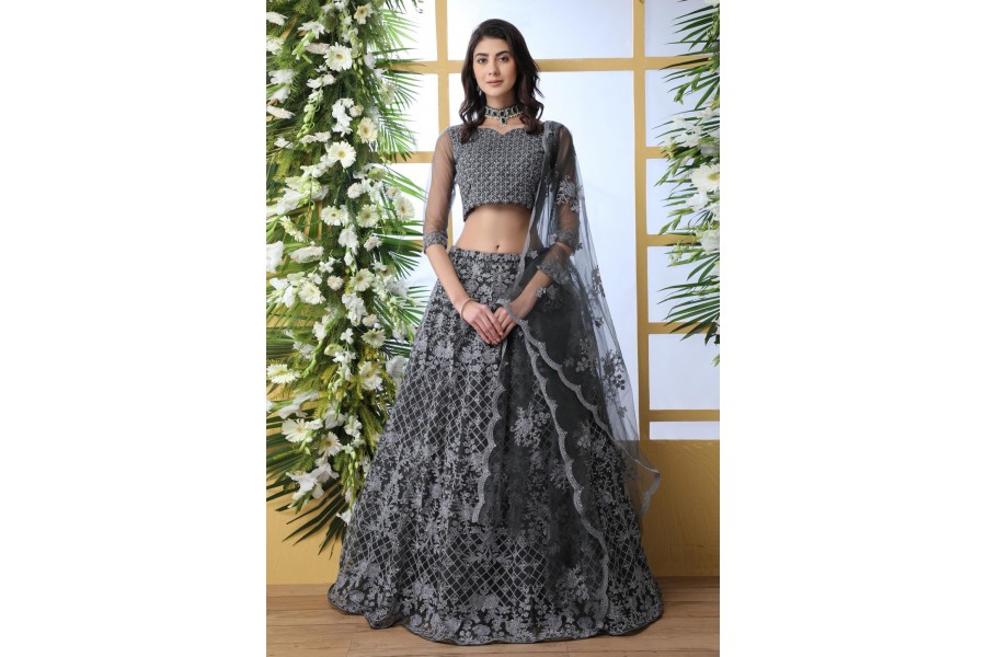 Gray Net Embroidered Circular Lehenga Choli