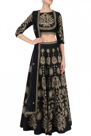 Inspired style Black Banglori silk wedding lehenga