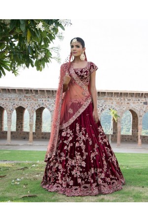 Inspired Maroon silk velvet wedding lehenga