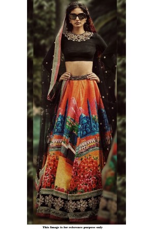 Sabyasachi Inspired Black and multi color art silk wedding lehenga