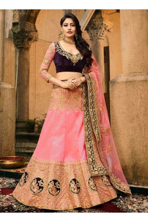 Pink color silk velvet and net wedding lehenga choli