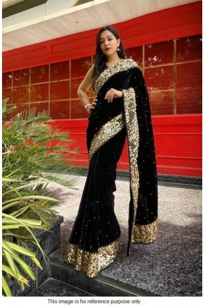 Bollywood model Black velvet sequins saree