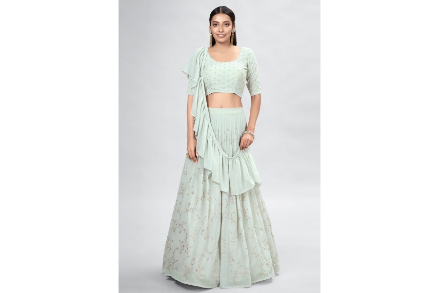 Georgette A Line Lehenga Choli In Light Green Colour Drs