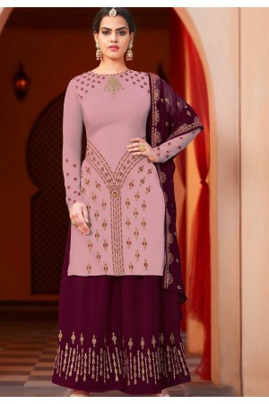 mauve wine georgette embroidered palazzo style pakistani suit 4006