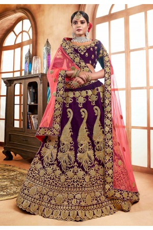 purple velvet embroidered lehenga choli 3003