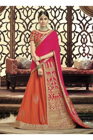 Orange and pink raw silk wedding lehenga