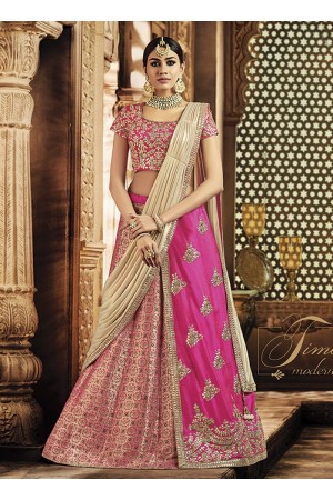 Pink and gold jacquard silk wedding lehenga