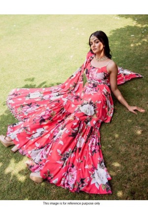 Bollywood Model Pink floral satin sharara