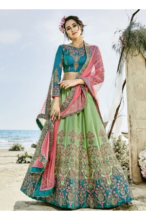 Turquoise green and pink silk wedding lehenga