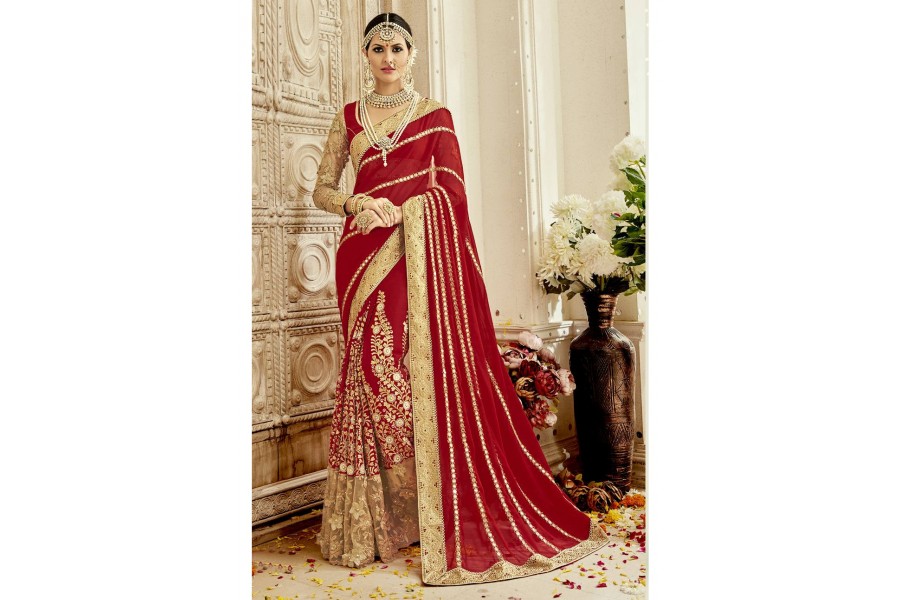 Red Colored Embroidered Faux Georgette Wedding Saree 1104 3404