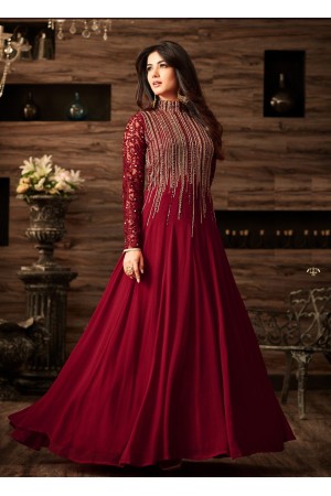 Sonal chauhan maroon color net anarkali 4806