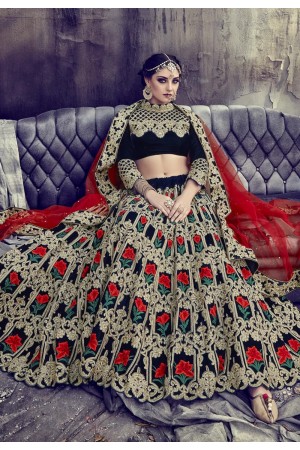 Blue color velvet embroidered wedding lehenga