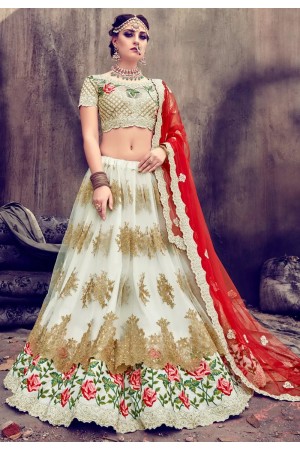 White and red netted wedding lehenga