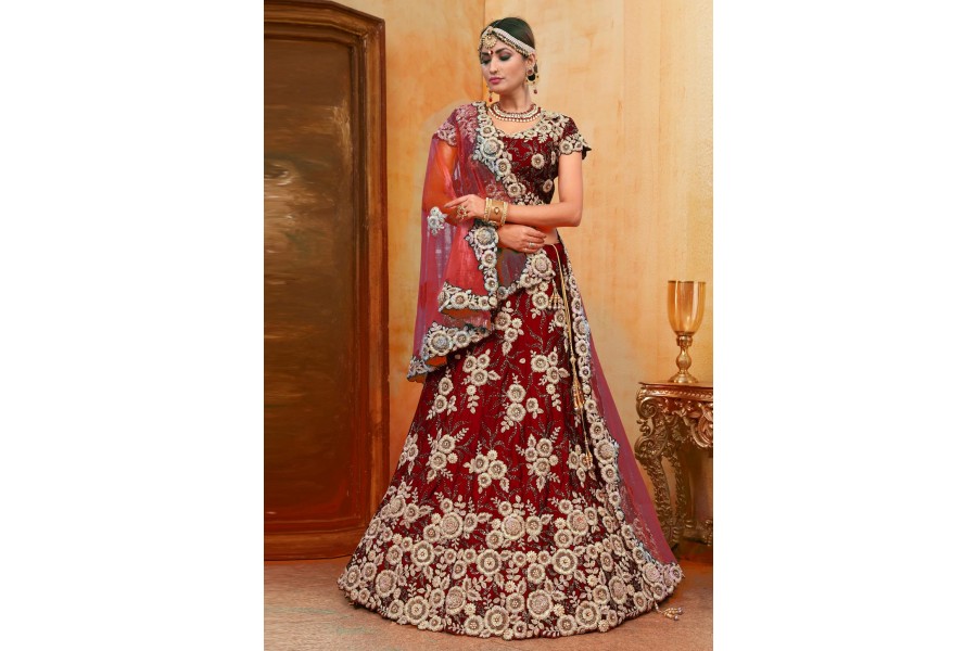 Red Velvet Bridal Lehenga Choli N C