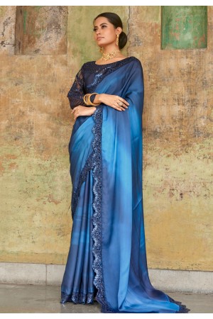 Satin Saree with blouse in Blue colour 1102a