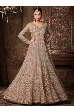 Grey color net wedding anarkali