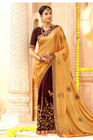 Beige georgette embroidered half and half saree 3973