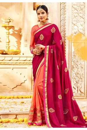 Magenta georgette embroidered half and half saree 3972