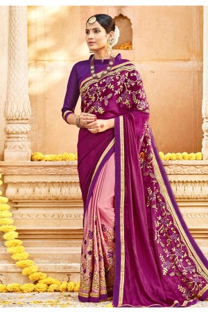 Magenta georgette embroidered half and half saree 3976