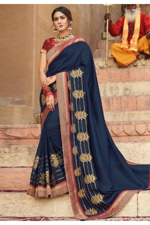 Navy blue satin embroidered saree with blouse 1022