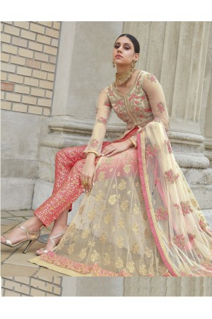 Beige and Pink color net party wear anarkali