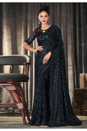 Black net saree with blouse 1471