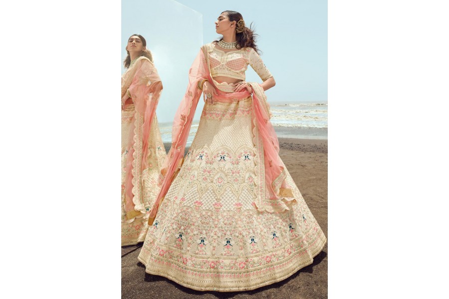 Georgette A Line Lehenga Choli In Cream Colour