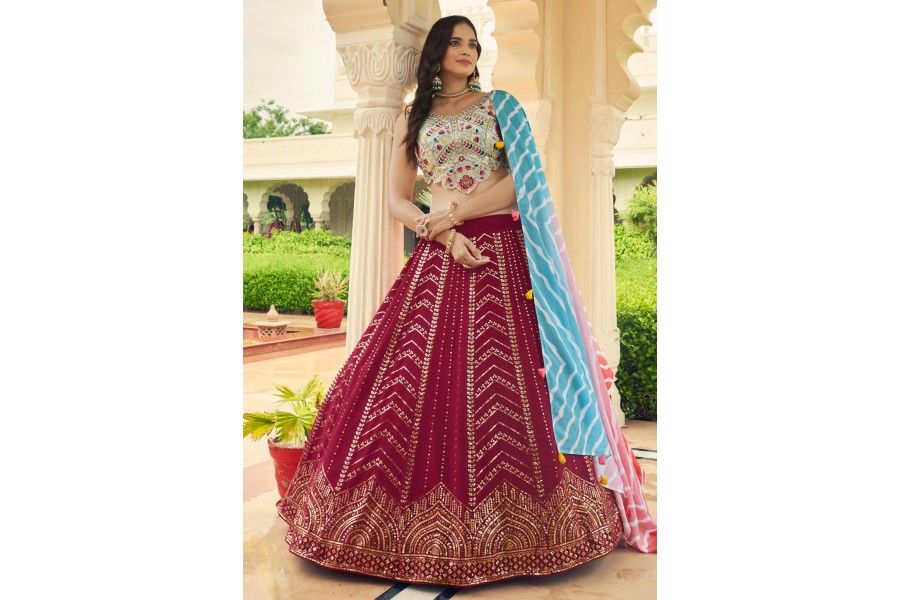 Georgette A Line Lehenga Choli In Maroon Colour