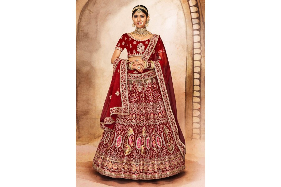 Velvet Embroidered Bridal Lehenga Choli In Maroon Colour 16006