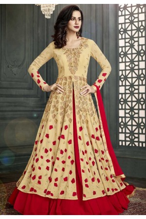 Beige and red color wedding lehenga kameez