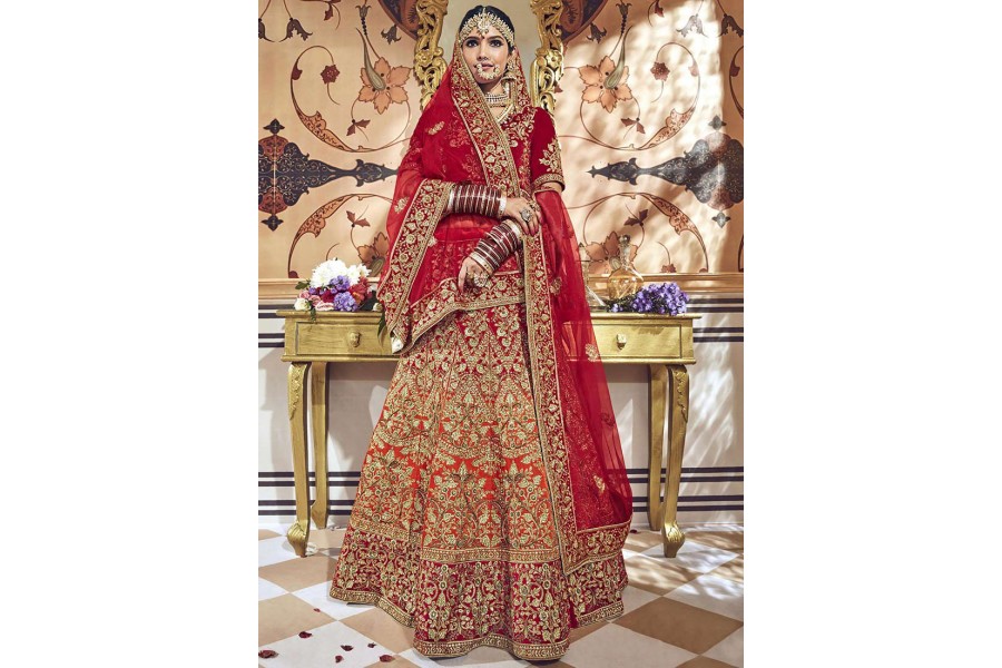 Orange Red Shaded Velvet Embroidered Heavy Designer Indian Wedding