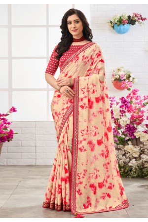 Chinon Saree with blouse in Cream colour 103