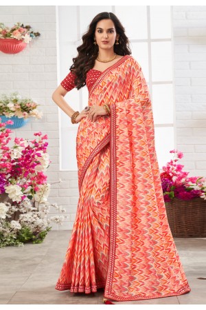 Chinon Saree with blouse in Red colour 107