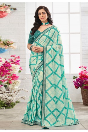 Chinon printed Saree in Sea green colour 104