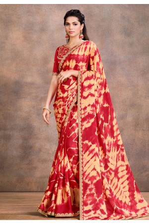 Silk satin printed Saree in Maroon colour 42206