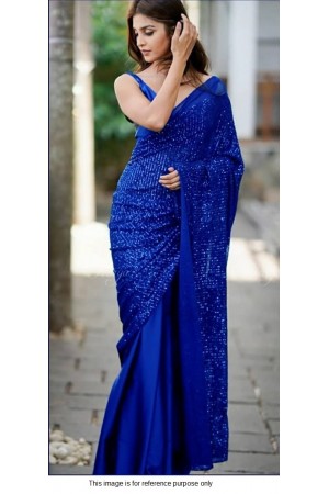 Bollywood model Georgette royal blue sequins half and half saree