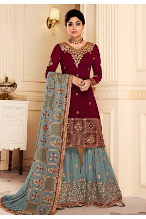 shamita shetty maroon georgette sharara style suit 8169