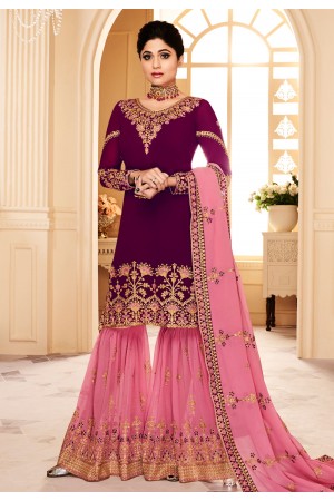 shamita shetty purple georgette sharara style suit 8165