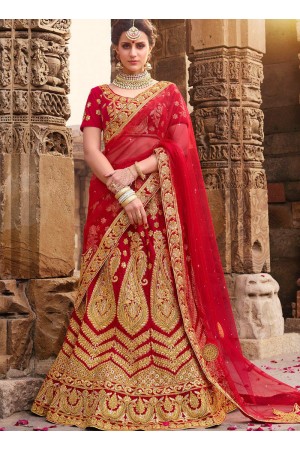 Red color satin silk and net wedding lehenga