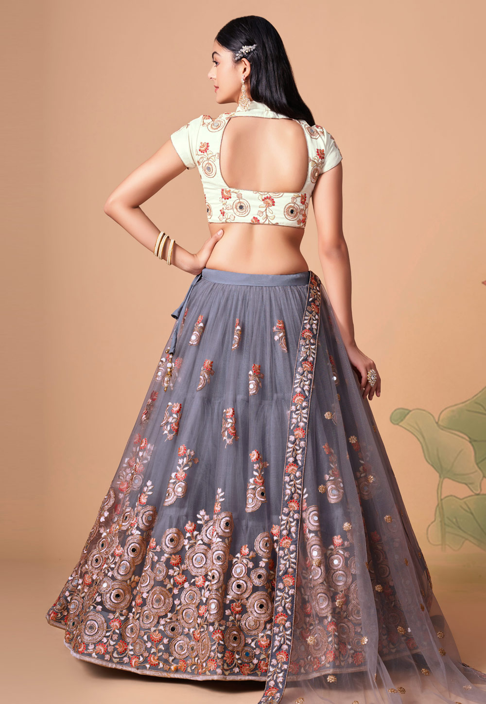 Soft Net Circular Lehenga Choli In Grey Colour 7321