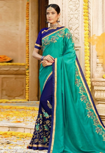 Turquoise georgette embroidered half and half saree 3971