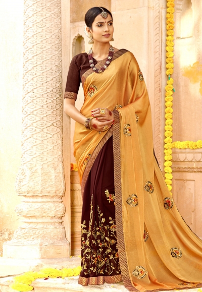 Beige georgette embroidered half and half saree 3973